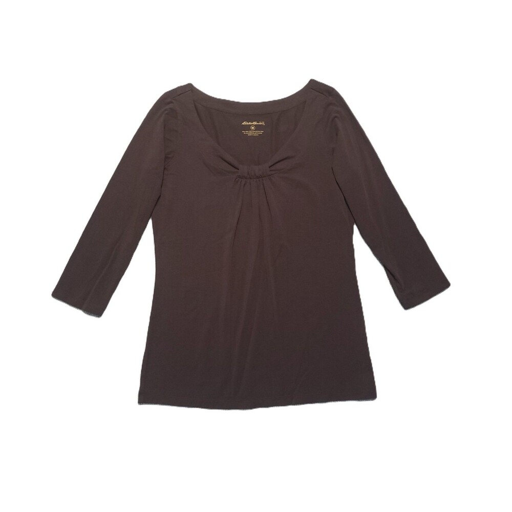 Eddie Bauer Top Womens M Stretch Knot Front Neck 3/4 Sleeve Brown Shirt